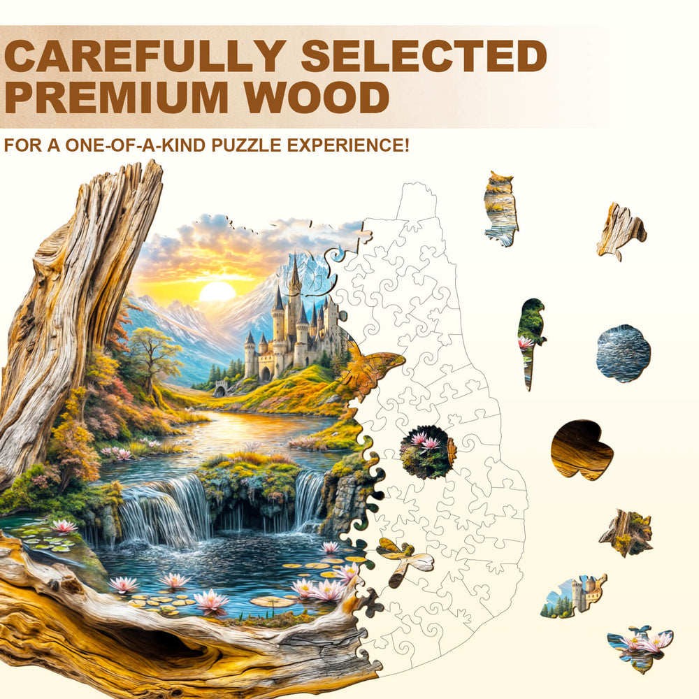 Enchanted Frame-2 wooden jigsaw puzzle showcasing vibrant landscape with premium wood pieces for focused mind games.