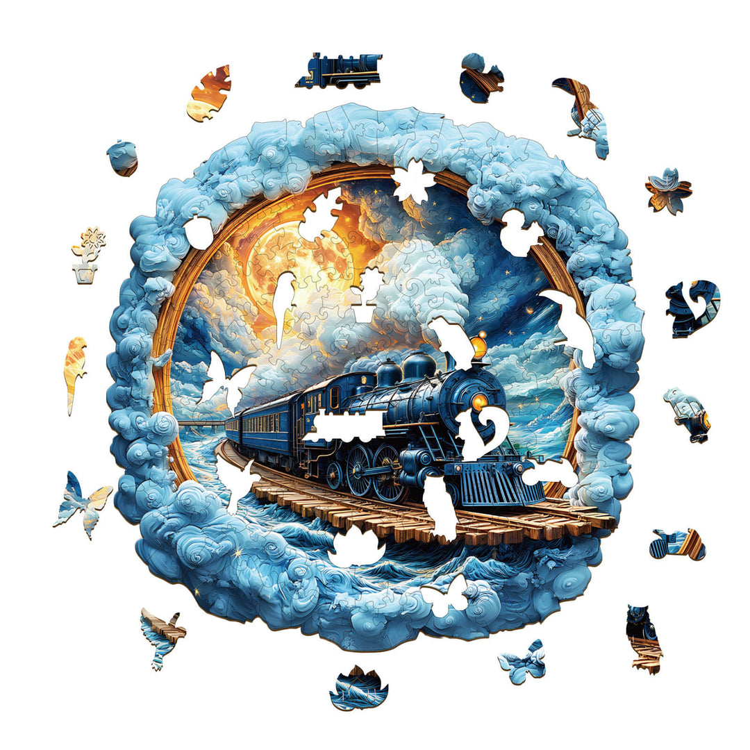 3D wooden jigsaw puzzle featuring a train in a scenic cloud design, inviting puzzle enthusiasts to explore.