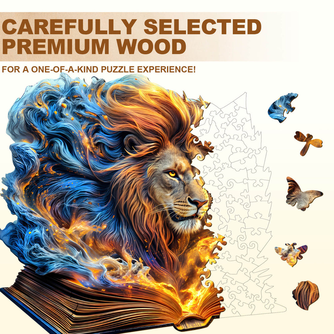 Colorful wooden jigsaw puzzle featuring a roaring lion emerging from an open book, showcasing premium wood craftsmanship.