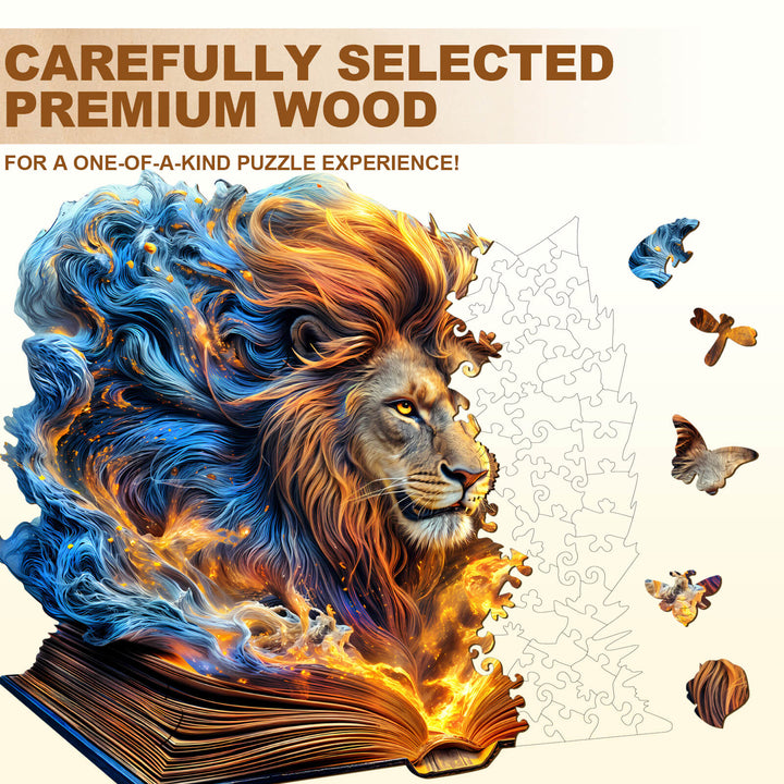 Colorful wooden jigsaw puzzle featuring a roaring lion emerging from an open book, showcasing premium wood craftsmanship.