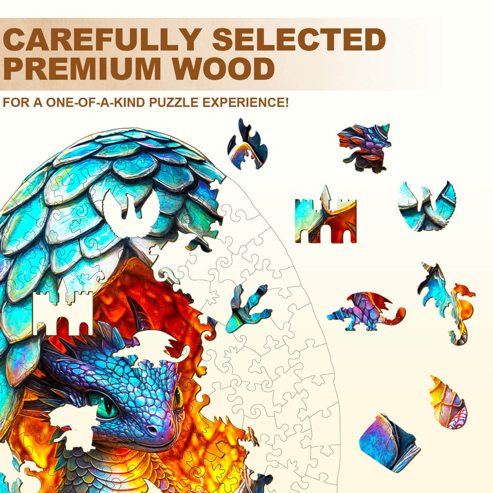 Premium wooden pieces of the Draconic Rebirth-2 jigsaw puzzle showcasing vibrant dragon artwork.