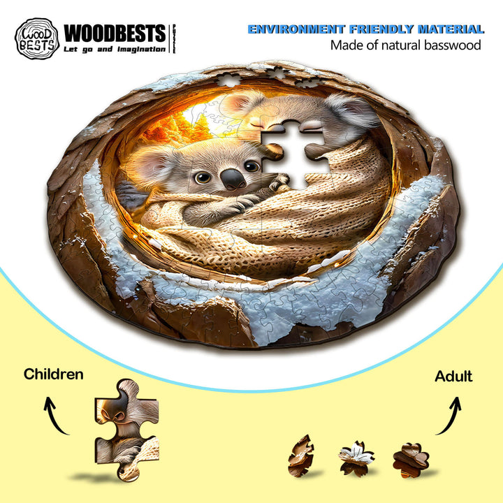 3D From Mom's arms wooden jigsaw puzzle featuring a cozy koala, made of eco-friendly basswood for all ages.