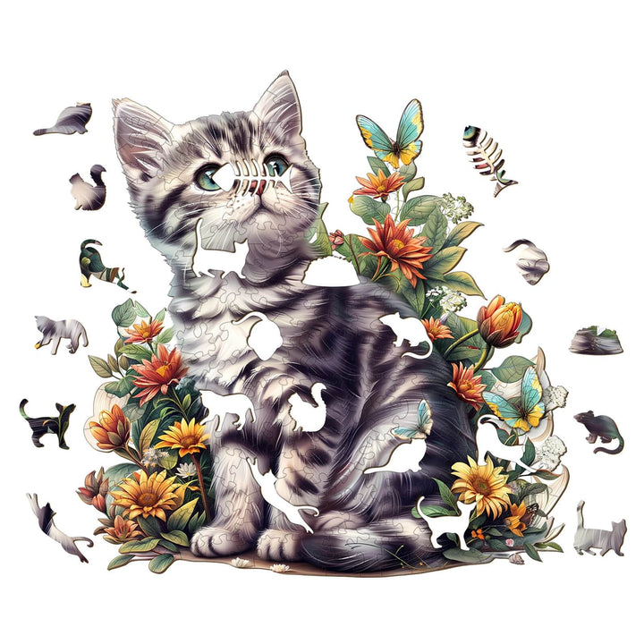 Wooden jigsaw puzzle featuring an American Shorthair cat surrounded by colorful flowers and butterflies.