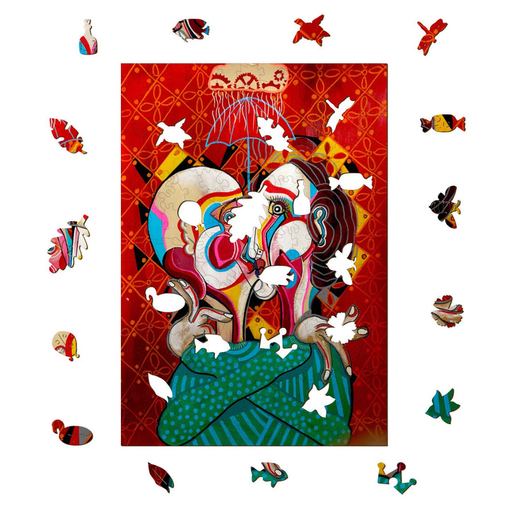 A Moment in Time artwork by Dylan Gill featuring vibrant colors and whimsical figures, surrounded by playful shapes.