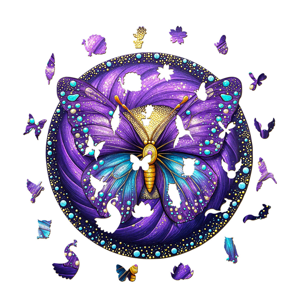 Seek and Find Butterflies wooden jigsaw puzzle featuring a vibrant purple butterfly design and whimsical puzzle pieces.