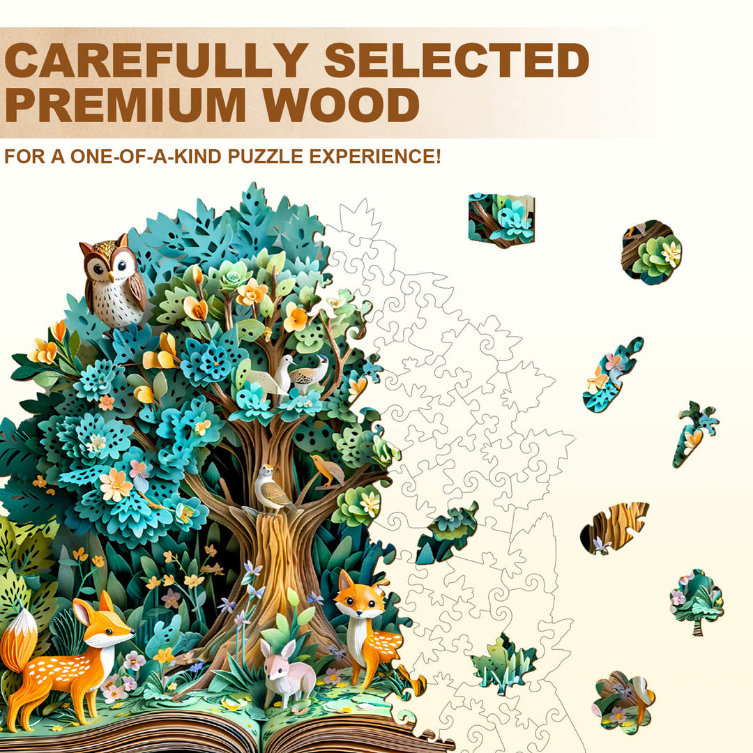 3D Forest Tales wooden jigsaw puzzle with premium wood pieces featuring animals and trees.