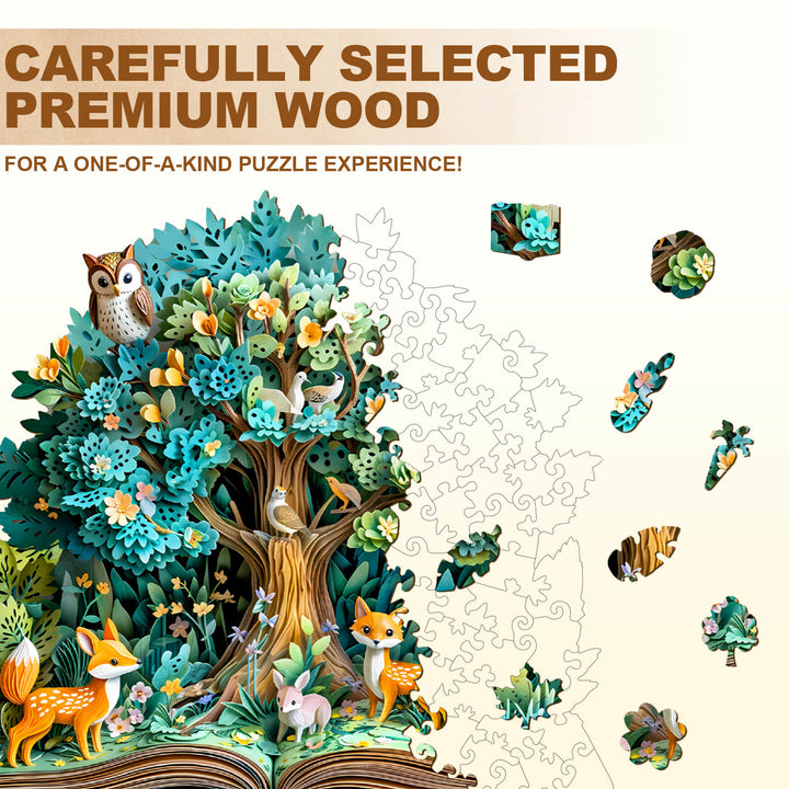 3D Forest Tales wooden jigsaw puzzle with premium wood pieces featuring animals and trees.