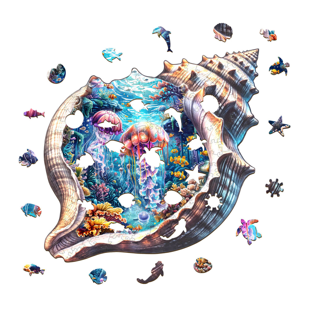 Fantasy Shell World wooden jigsaw puzzle with vibrant ocean scene and missing pieces, perfect for mind games and focus.
