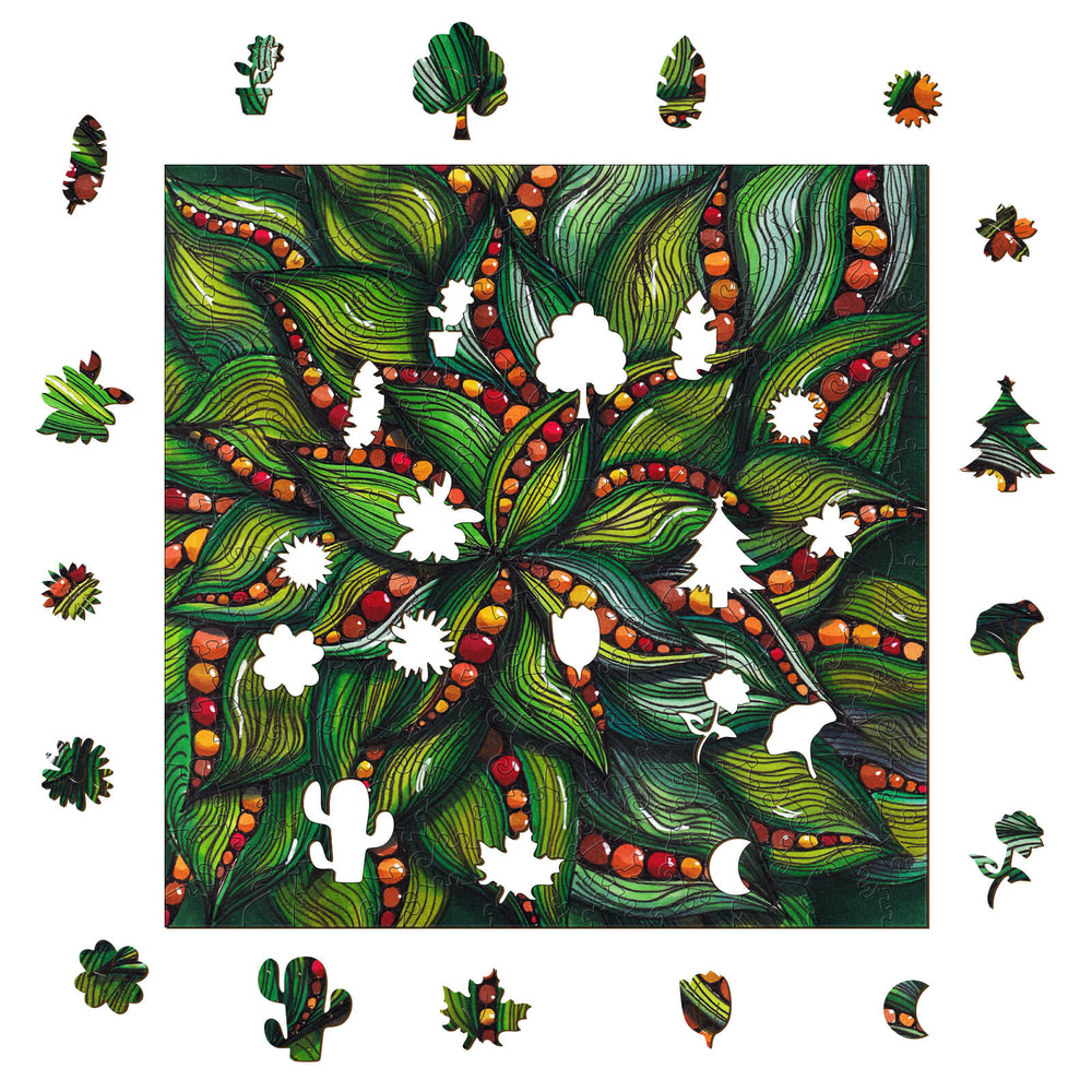 Vibrant green puzzle design featuring artistic leaves and whimsical shapes by Erin Desjardine, perfect for art lovers.