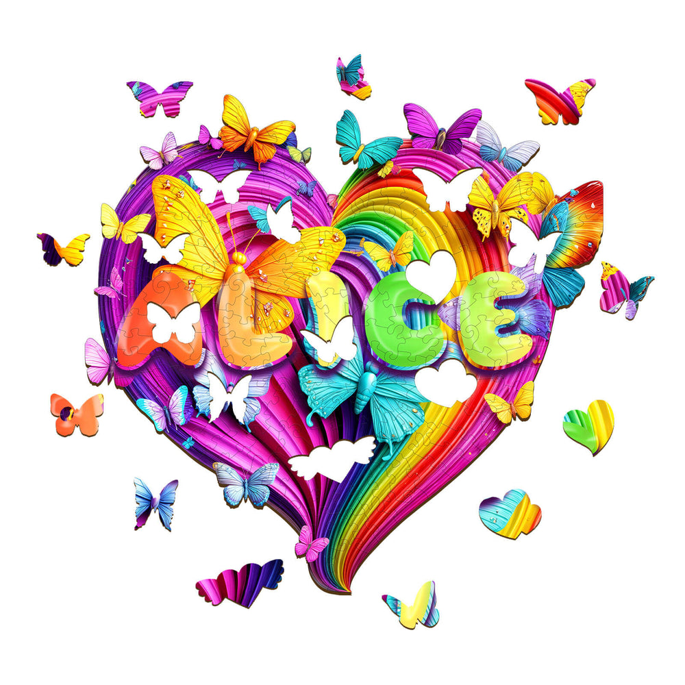 Vibrant heart-shaped puzzle featuring butterflies and the name Alice in colorful, whimsical design.