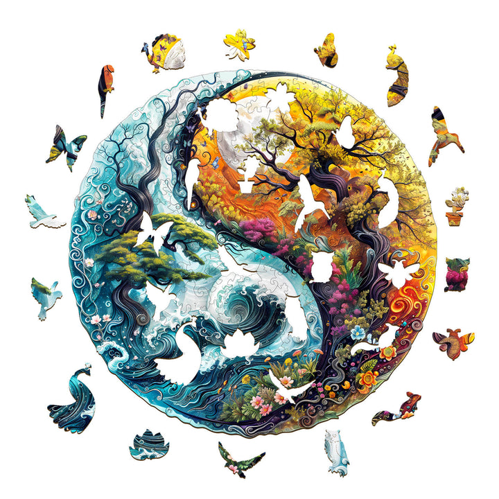 Yin yang landscape-2 wooden jigsaw puzzle with colorful trees and birds, promoting focus and mental skill development.