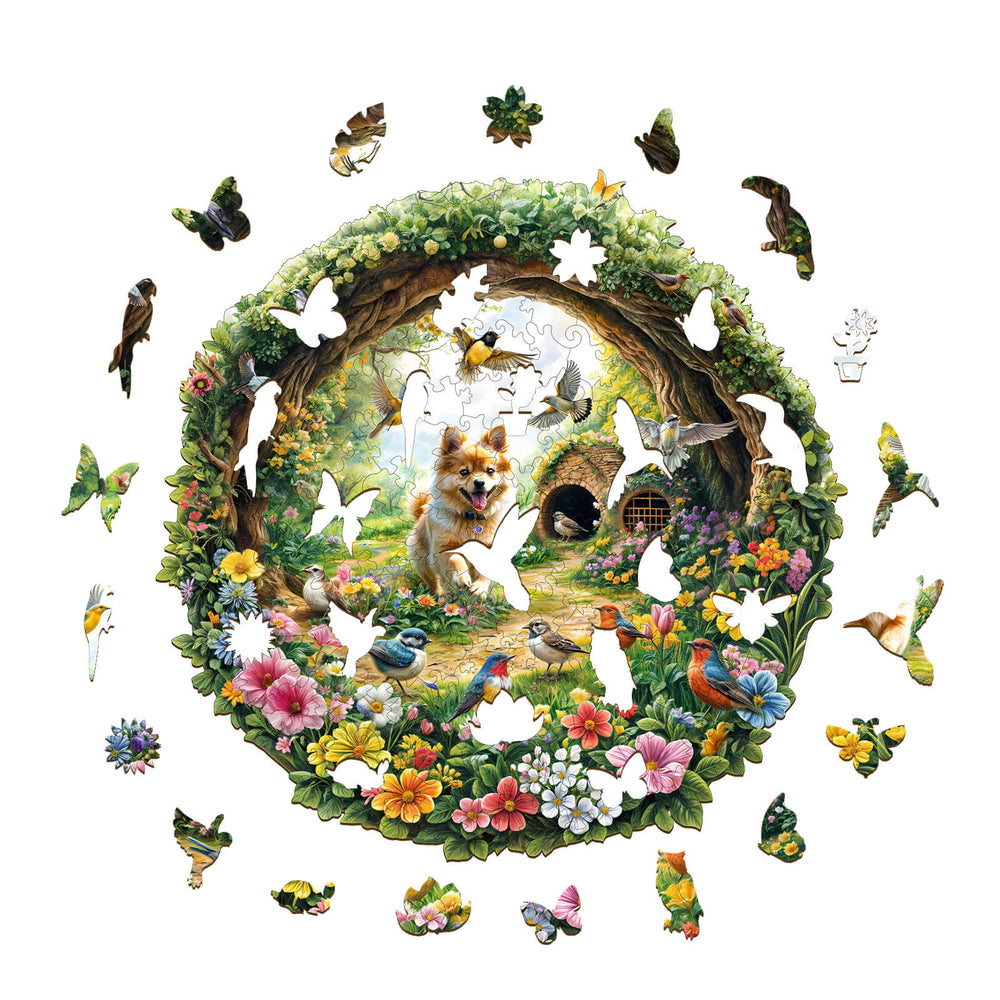Colorful jigsaw puzzle featuring a dog, butterflies, and spring birds surrounded by blooming flowers.