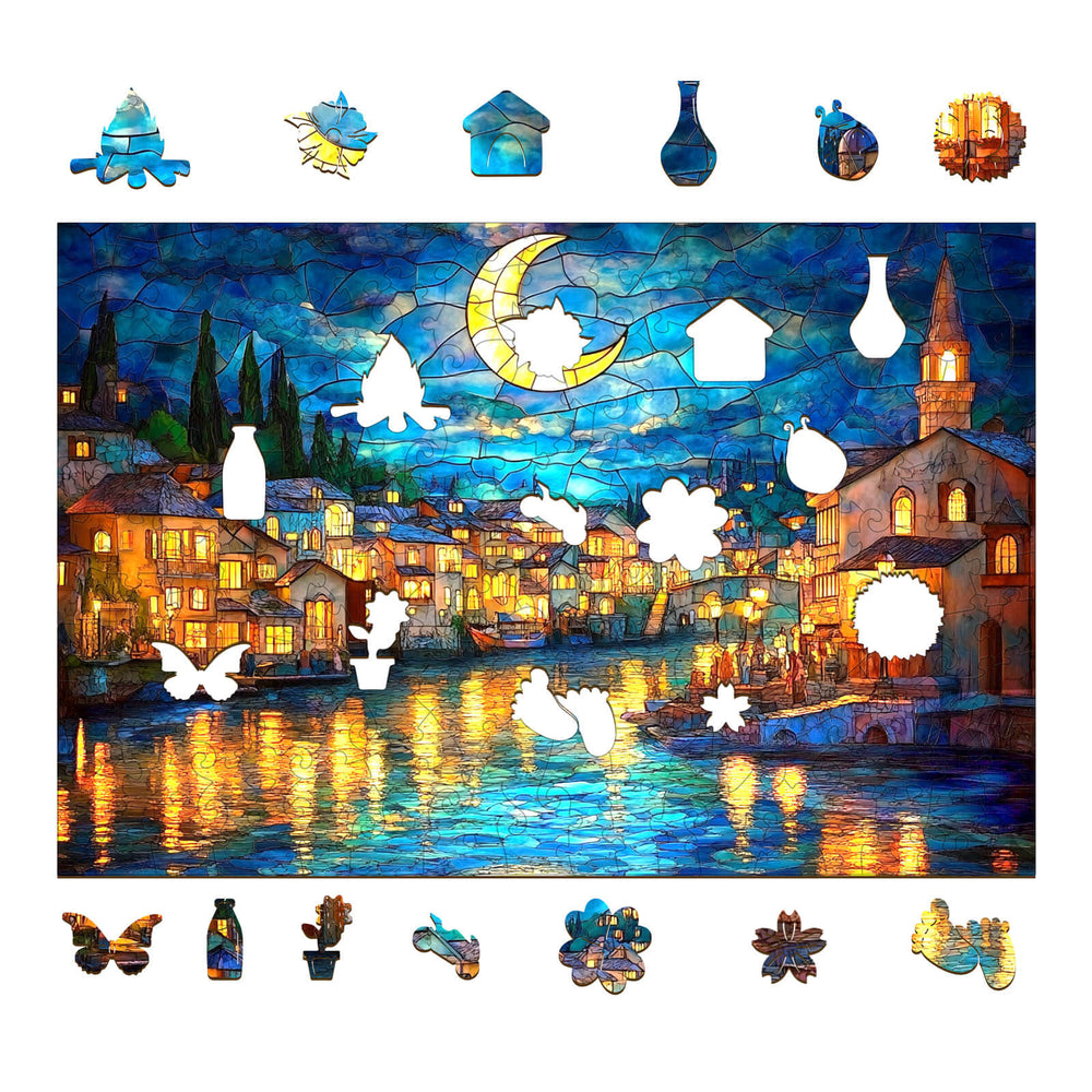 Stained Glass Starry Night-2 jigsaw puzzle pieces on a vibrant blue and gold city background, enhancing focus and mental skills.