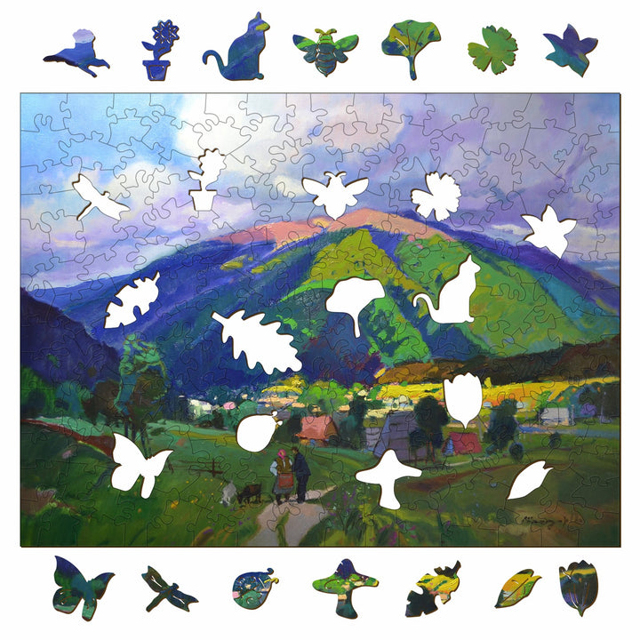 Colorful jigsaw puzzle featuring a serene landscape with puzzle piece shapes inspired by nature.