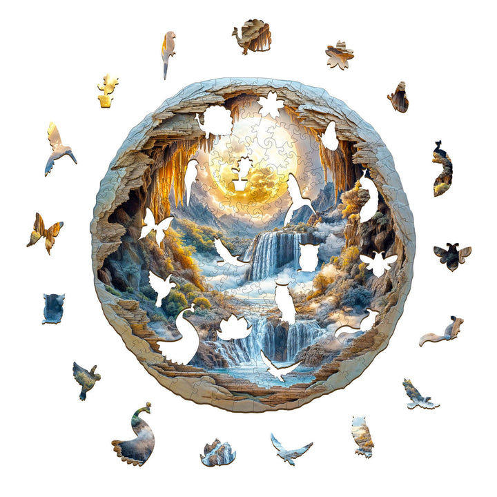Beautiful 3D Moonlit Wonders wooden jigsaw puzzle featuring a waterfall scene with intricate animal cutouts.