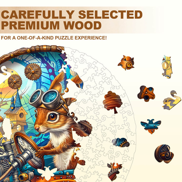 Happy squirrel wooden jigsaw puzzle with premium wood pieces for a unique puzzle experience.