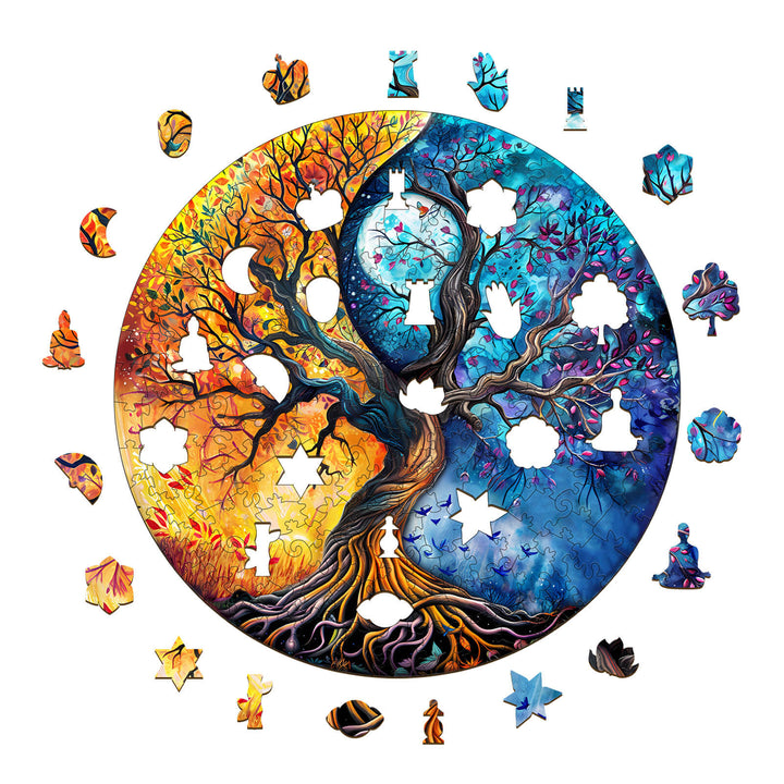 Yin Yang Tree of Life-9 wooden jigsaw puzzle featuring vibrant colors and intricate cut-out pieces for mental focus.