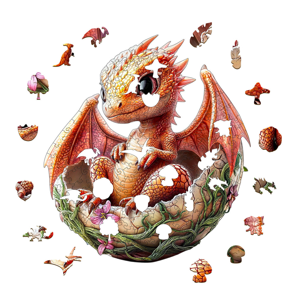 Whimsical Dragonet wooden jigsaw puzzle with colorful dragon hatchling and missing pieces, perfect for brain training and focus.