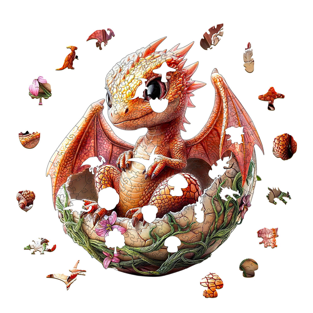 Whimsical Dragonet wooden jigsaw puzzle with colorful dragon hatchling and missing pieces, perfect for brain training and focus.