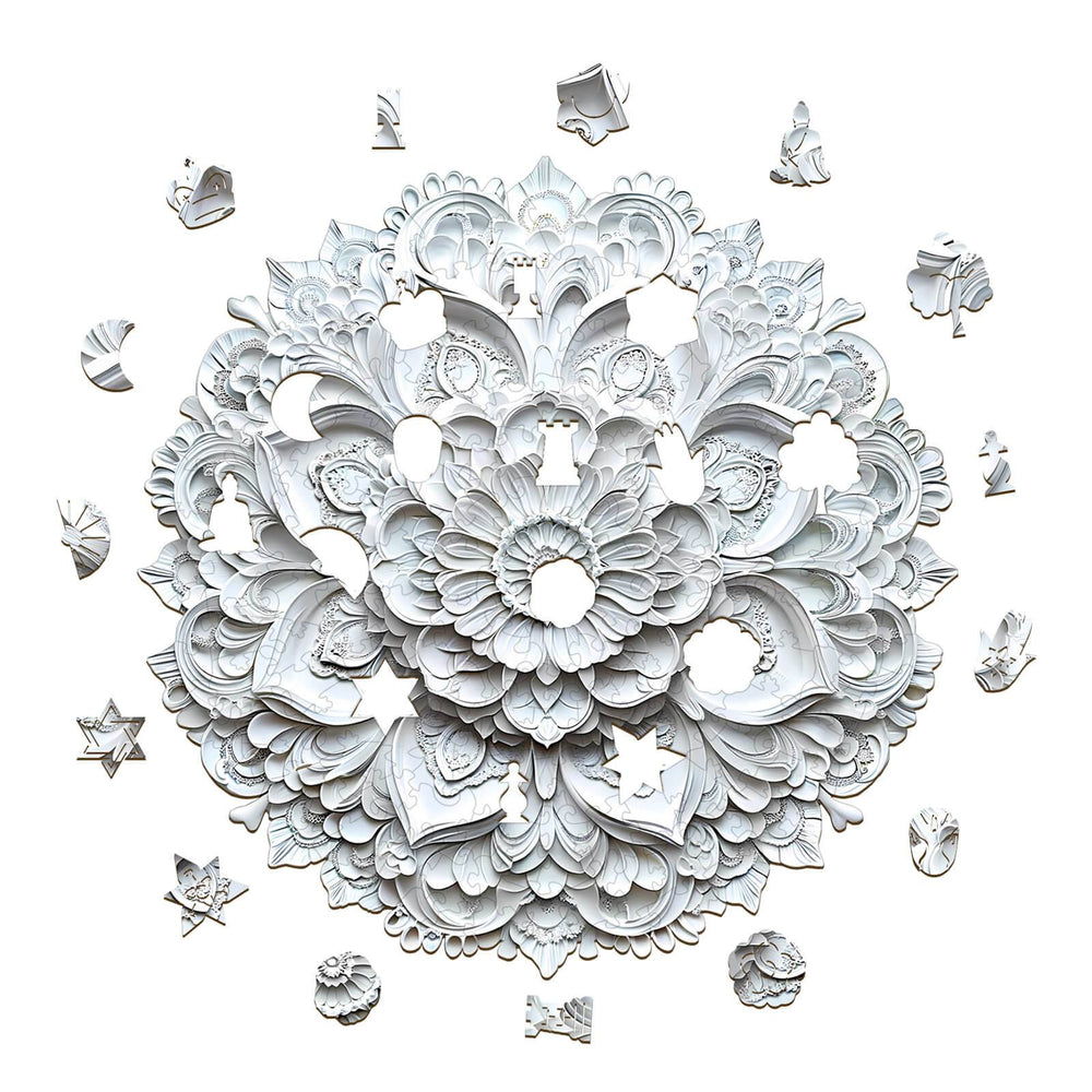 3D Paper Mandala-2 wooden jigsaw puzzle displaying intricate floral designs and unique puzzle pieces, perfect for mental focus.