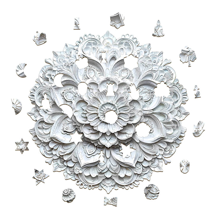 3D Paper Mandala-2 wooden jigsaw puzzle displaying intricate floral designs and unique puzzle pieces, perfect for mental focus.
