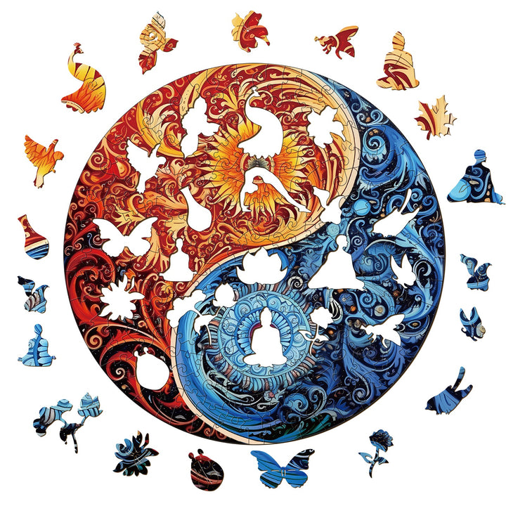Yellow Blue Yin Yang Wooden Jigsaw Puzzle