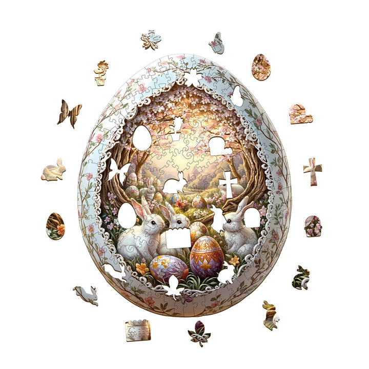 Wonderland Easter-6 wooden jigsaw puzzle featuring rabbits and decorated eggs in an intricate scene.