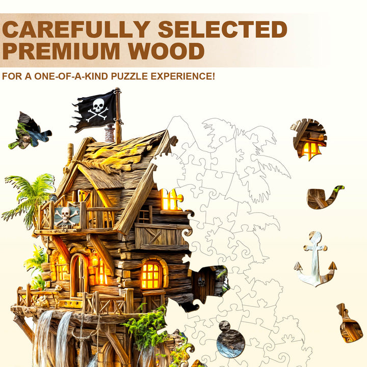 Pirate cabin-2 wooden jigsaw puzzle featuring a detailed pirate house with a flag and palm trees.