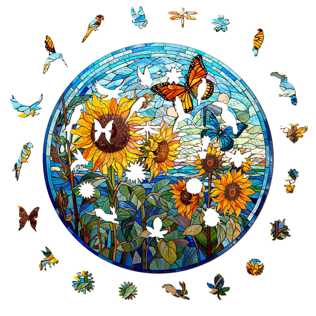 Colorful stained glass sunflower jigsaw puzzle featuring butterflies and floral designs, perfect for mind games and focus.