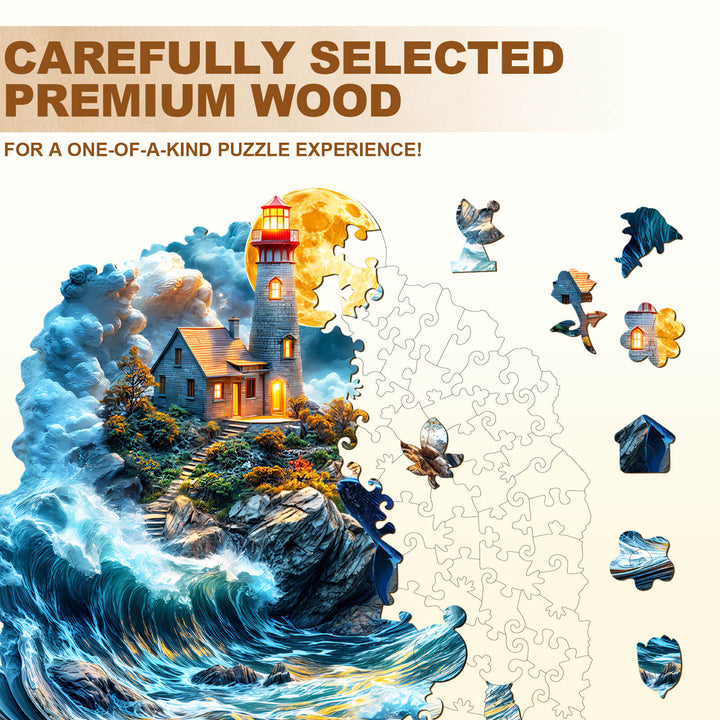 Dream Sea Wonder jigsaw puzzle showcasing premium wood pieces, featuring a serene lighthouse and vibrant ocean waves.