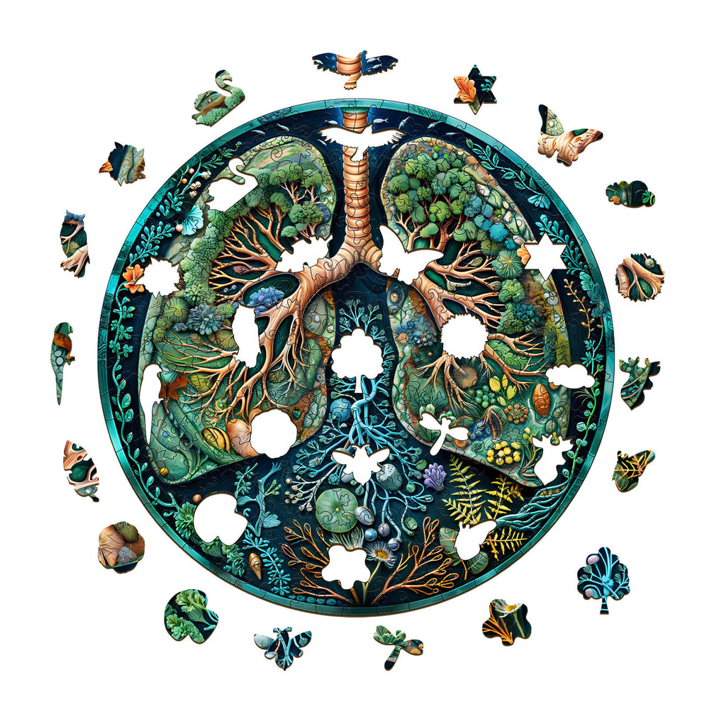 Breath of Nature wooden jigsaw puzzle featuring intricate trees and wildlife designs, promoting focus and mindfulness.