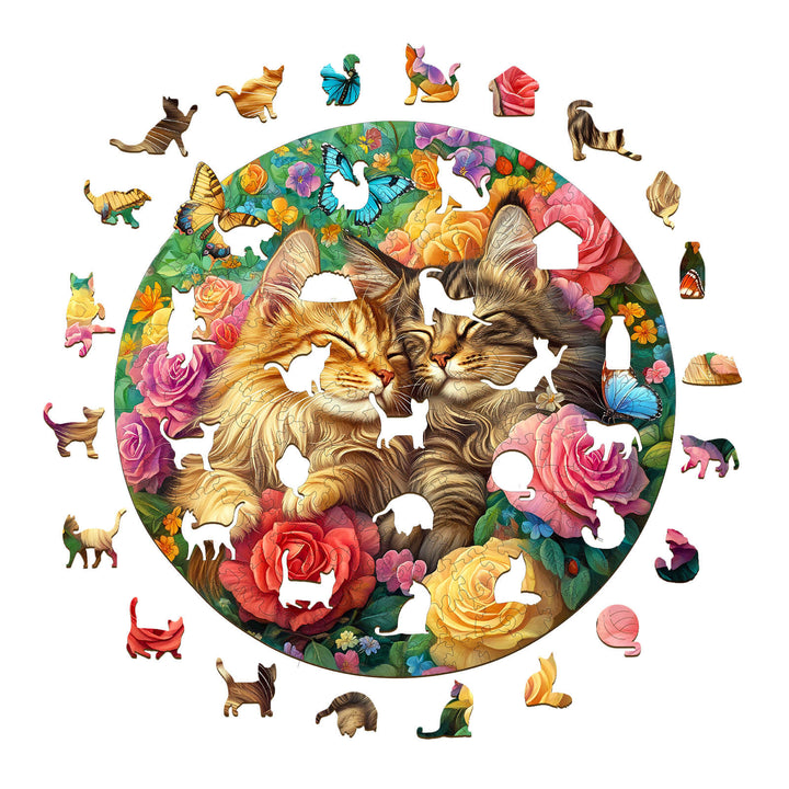 Cats in Love-2 wooden jigsaw puzzle featuring two cats surrounded by vibrant flowers, designed for mind games and focus.