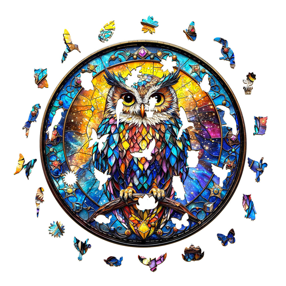 Vibrant Iridescent Starwing wooden jigsaw puzzle with colorful owl and butterfly pieces, ideal for puzzle enthusiasts.
