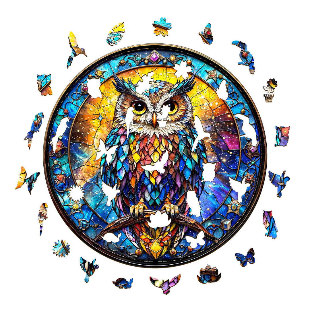 Vibrant Iridescent Starwing wooden jigsaw puzzle with colorful owl and butterfly pieces, ideal for puzzle enthusiasts.