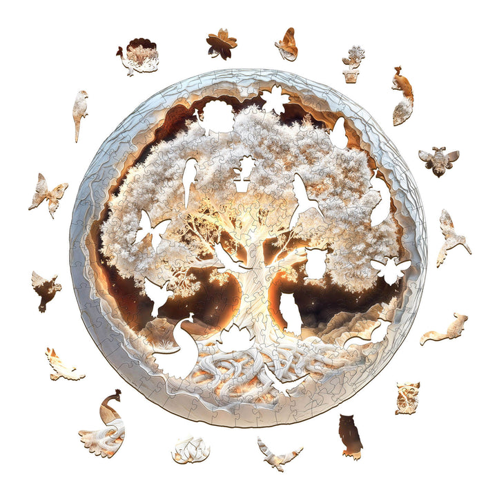 3D glowing tree of life wooden jigsaw puzzle featuring intricate branches and roots with wildlife accents.