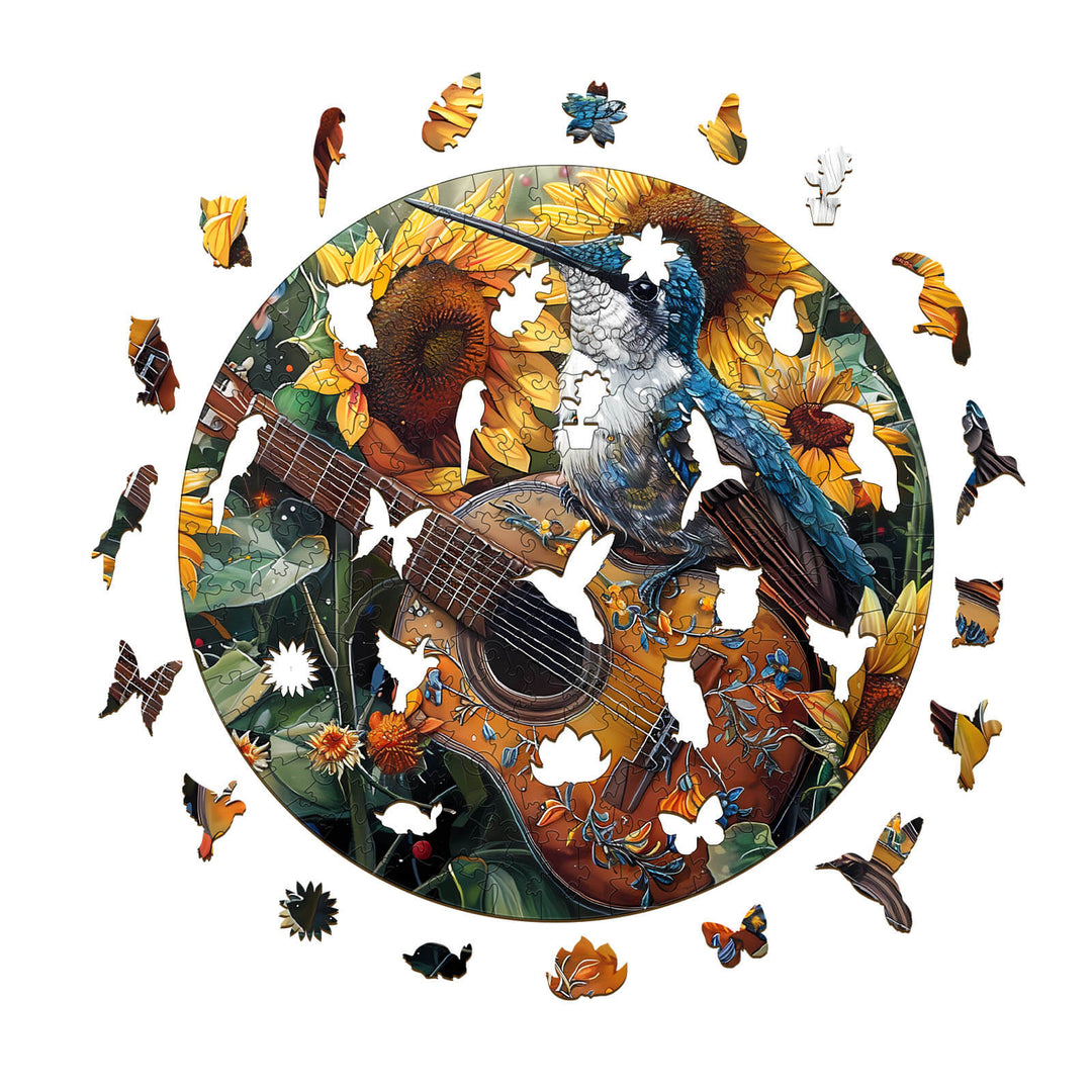 Elegant Hummingbird Wooden Jigsaw Puzzle showcasing vibrant birds and flowers, designed for puzzle enthusiasts and mind game lovers.