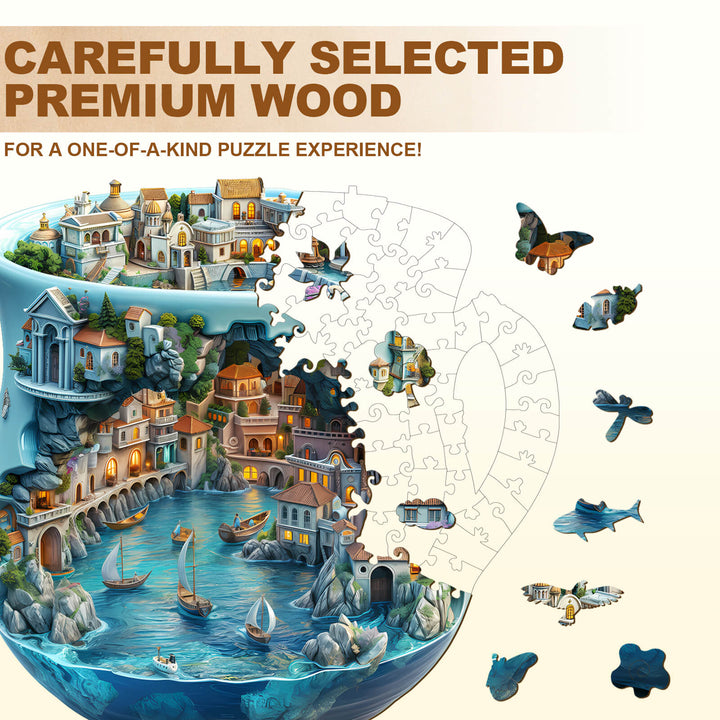 Seaside town wooden jigsaw puzzle featuring intricate designs, perfect for enhancing focus and cognitive skills.