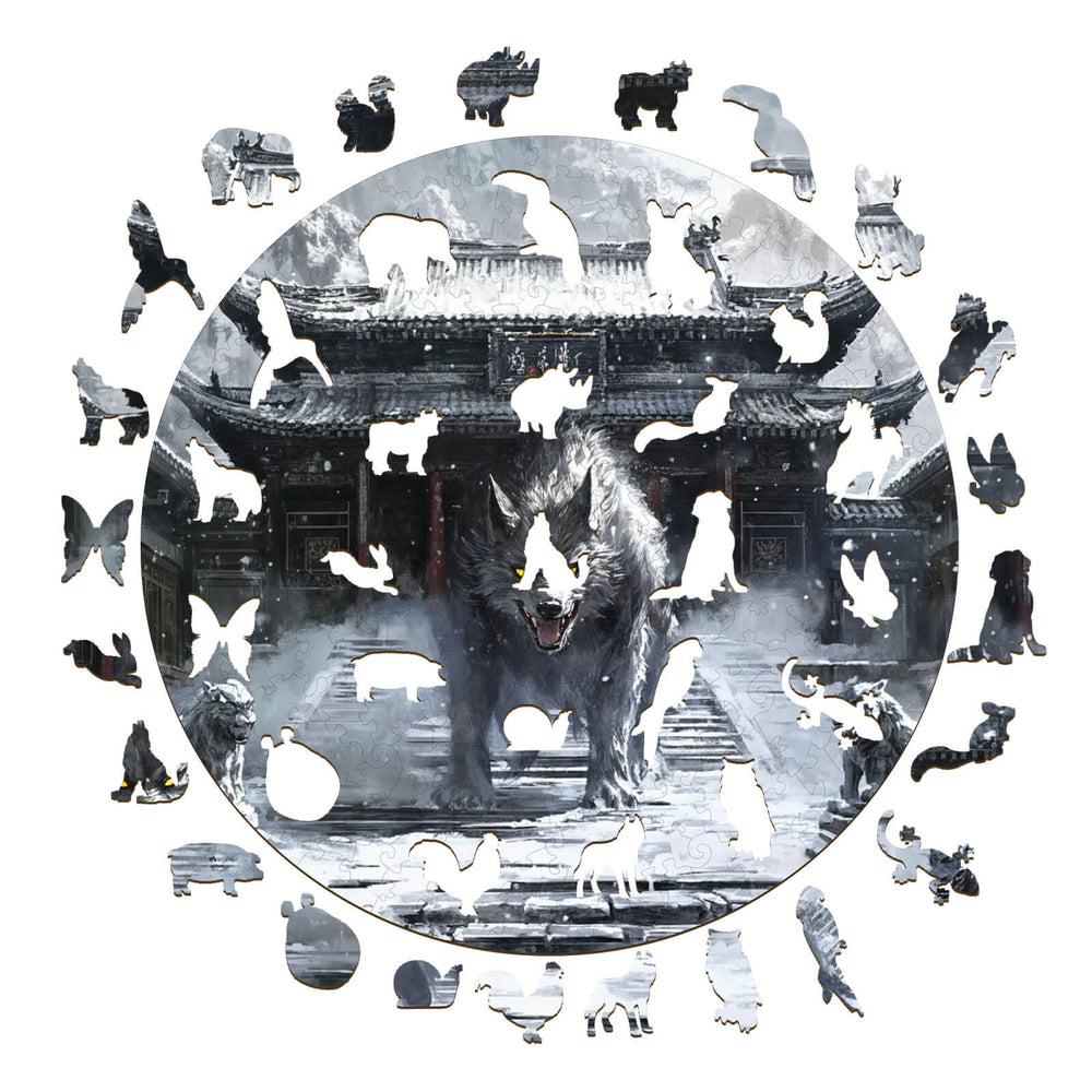 Howling Celestial Dog wooden jigsaw puzzle featuring intricate animal shapes in a mystical design.