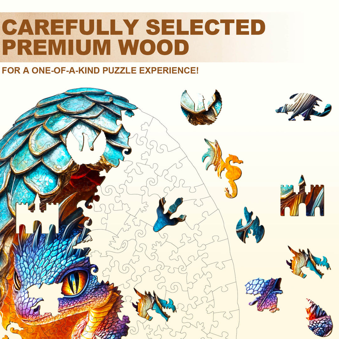 Colorful jigsaw puzzle pieces made from premium wood, featuring a dragon design for a unique puzzle experience.