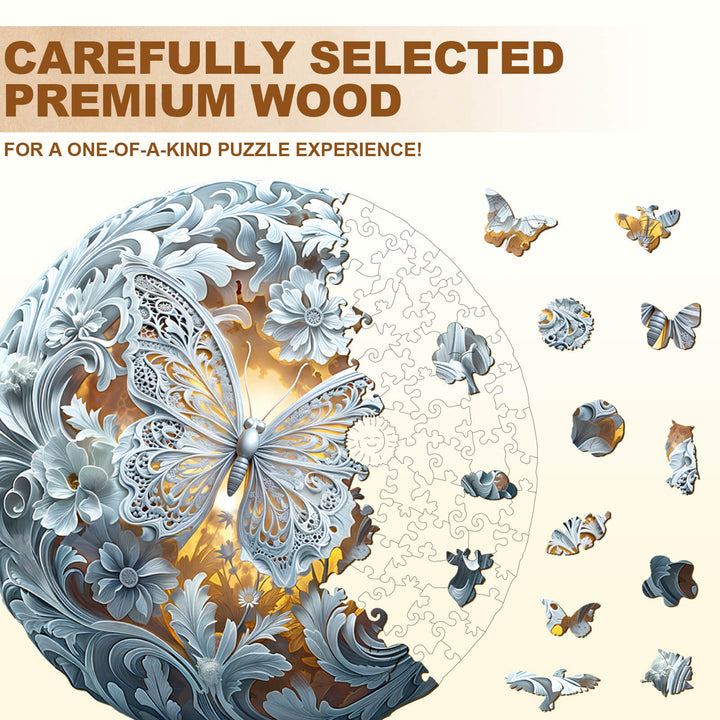 Celestial Wings Wooden Jigsaw Puzzle featuring intricate butterfly design and premium wood pieces for mindful gameplay.