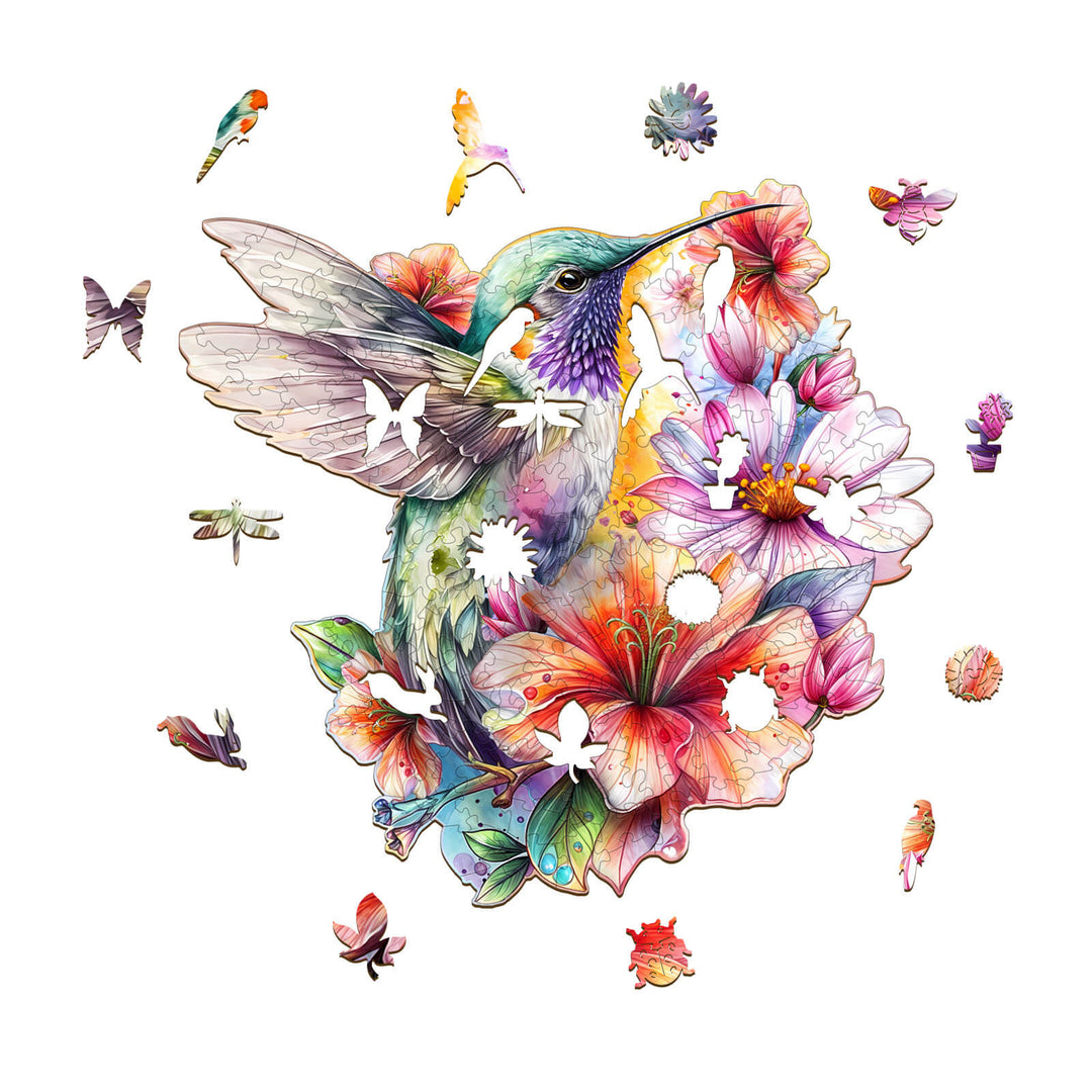 Colorful wooden jigsaw puzzle featuring hummingbirds among vibrant flowers, perfect for mindfulness and focus.