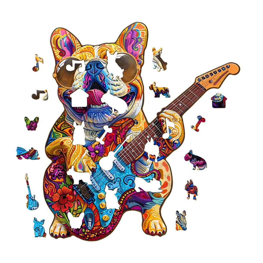 Colorful Rock Dog wooden jigsaw puzzle with guitar pieces, designed for puzzle enthusiasts and mind game lovers.