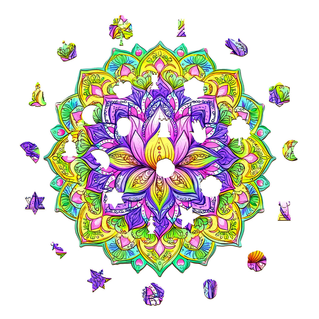 Mandala Lotus-1 wooden jigsaw puzzle featuring vibrant colors and intricate design for mind engagement.