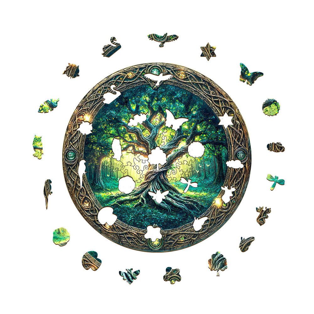 Eternal Tree wooden jigsaw puzzle pieces arranged in a circular pattern, showcasing vibrant colors and intricate designs.