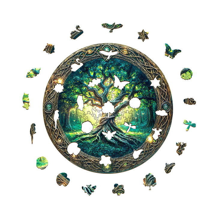 Eternal Tree wooden jigsaw puzzle pieces arranged in a circular pattern, showcasing vibrant colors and intricate designs.
