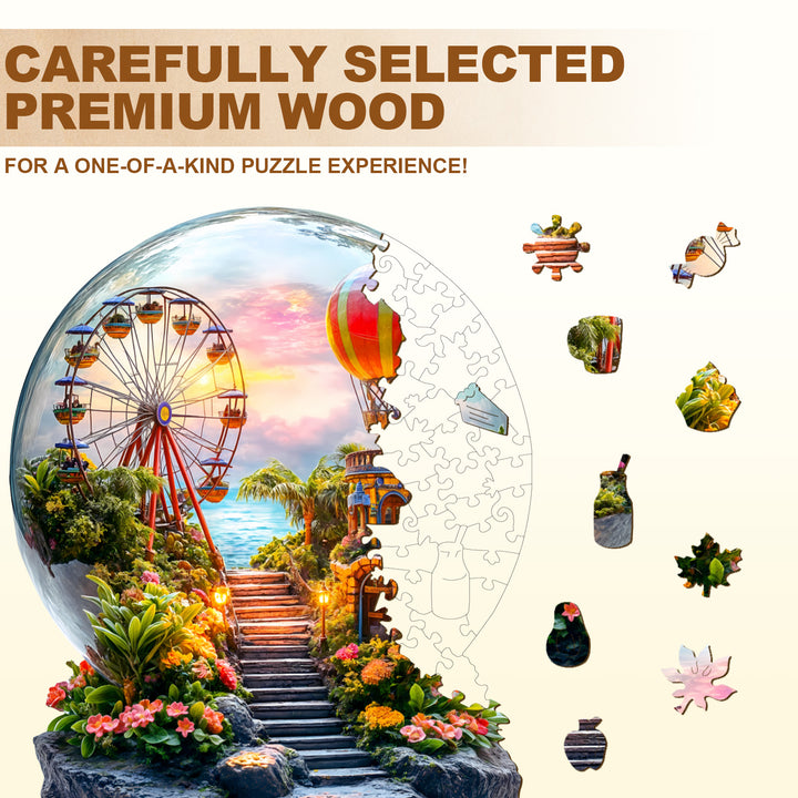 3D Crystal Wonderland wooden jigsaw puzzle with premium wood, featuring a colorful scene with a Ferris wheel and nature.