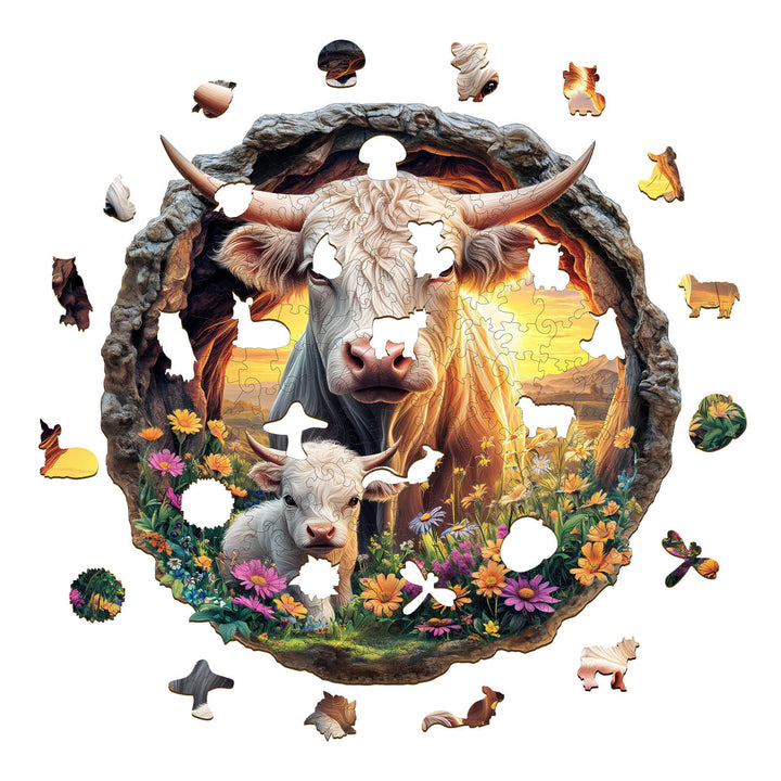 Cattle Family Wooden Jigsaw Puzzle featuring a cow and calf surrounded by flowers, perfect for enhancing focus and problem-solving skills.