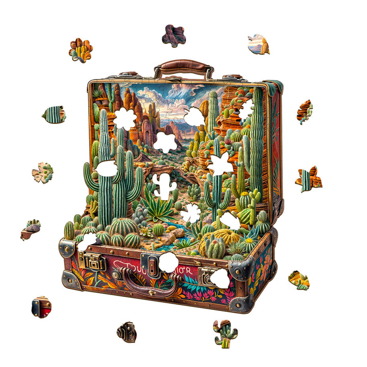Desert Odyssey-1 wooden jigsaw puzzle featuring cacti and desert landscape in a suitcase design.