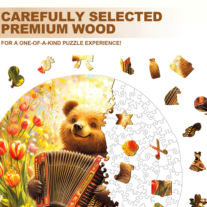 Melody Meadow wooden jigsaw puzzle image showcasing premium wood pieces and a cheerful bear playing accordion.