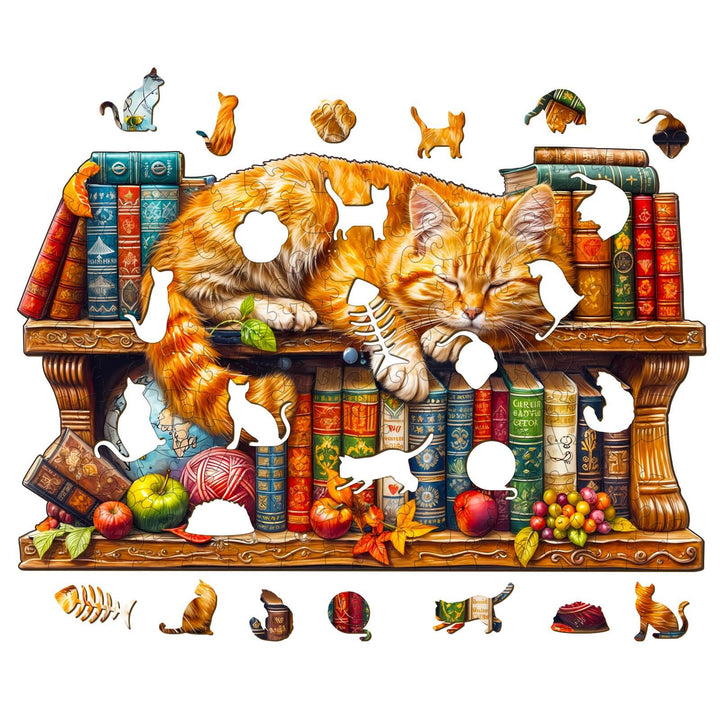 Dreamy Tabby Cat-2 wooden jigsaw puzzle featuring a cozy cat among colorful books and playful cat cutouts.